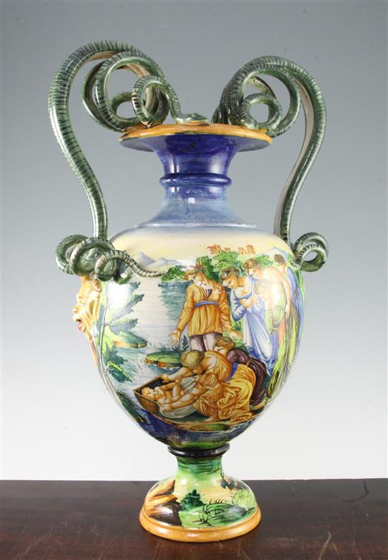 A Cantagalli style maiolica twin handled vase, late 19th / early 20th century, 54.5cm